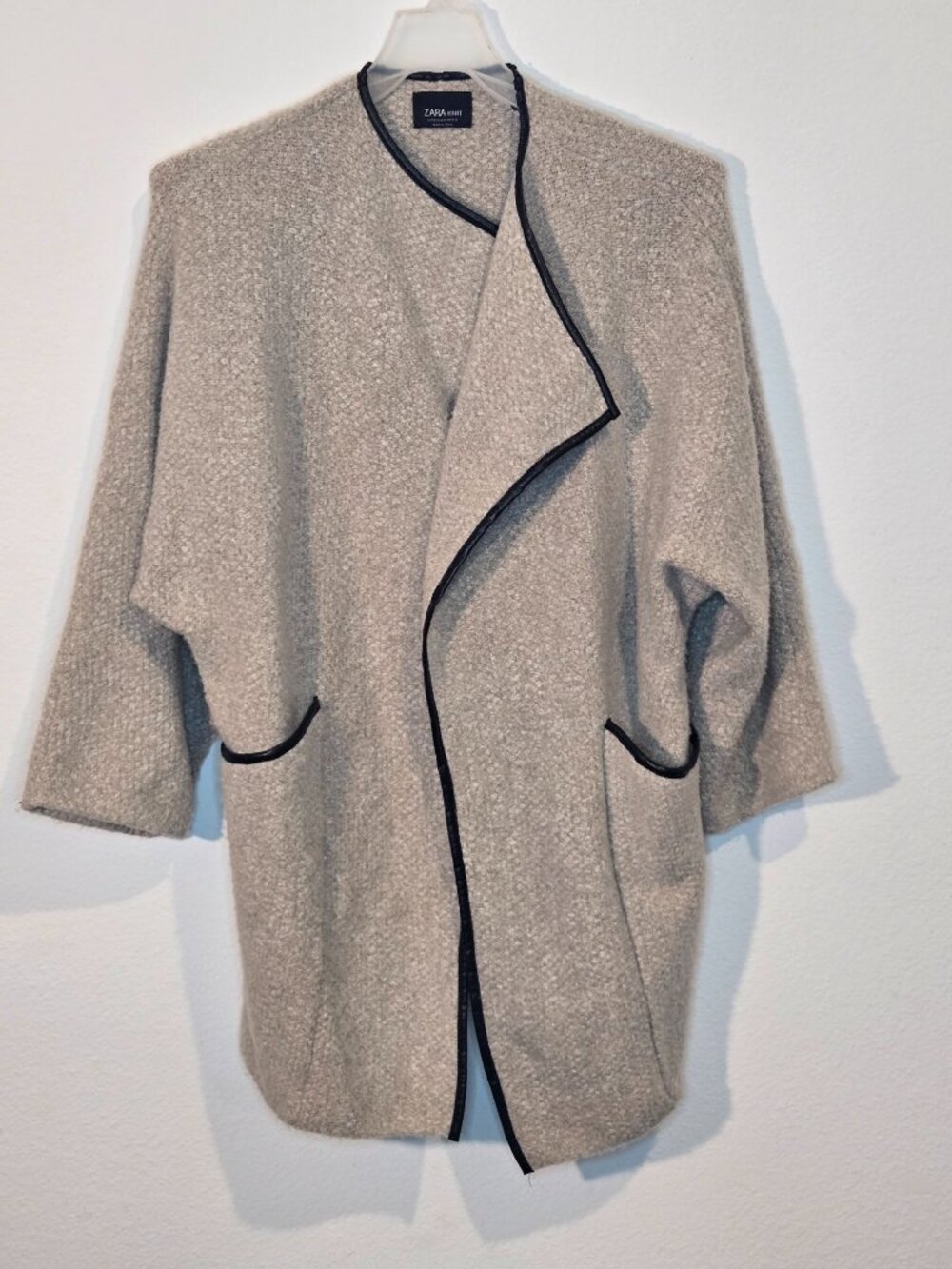 Zara Knit open front cardigan with leather trim size m cream sand color - Picture 2 of 7